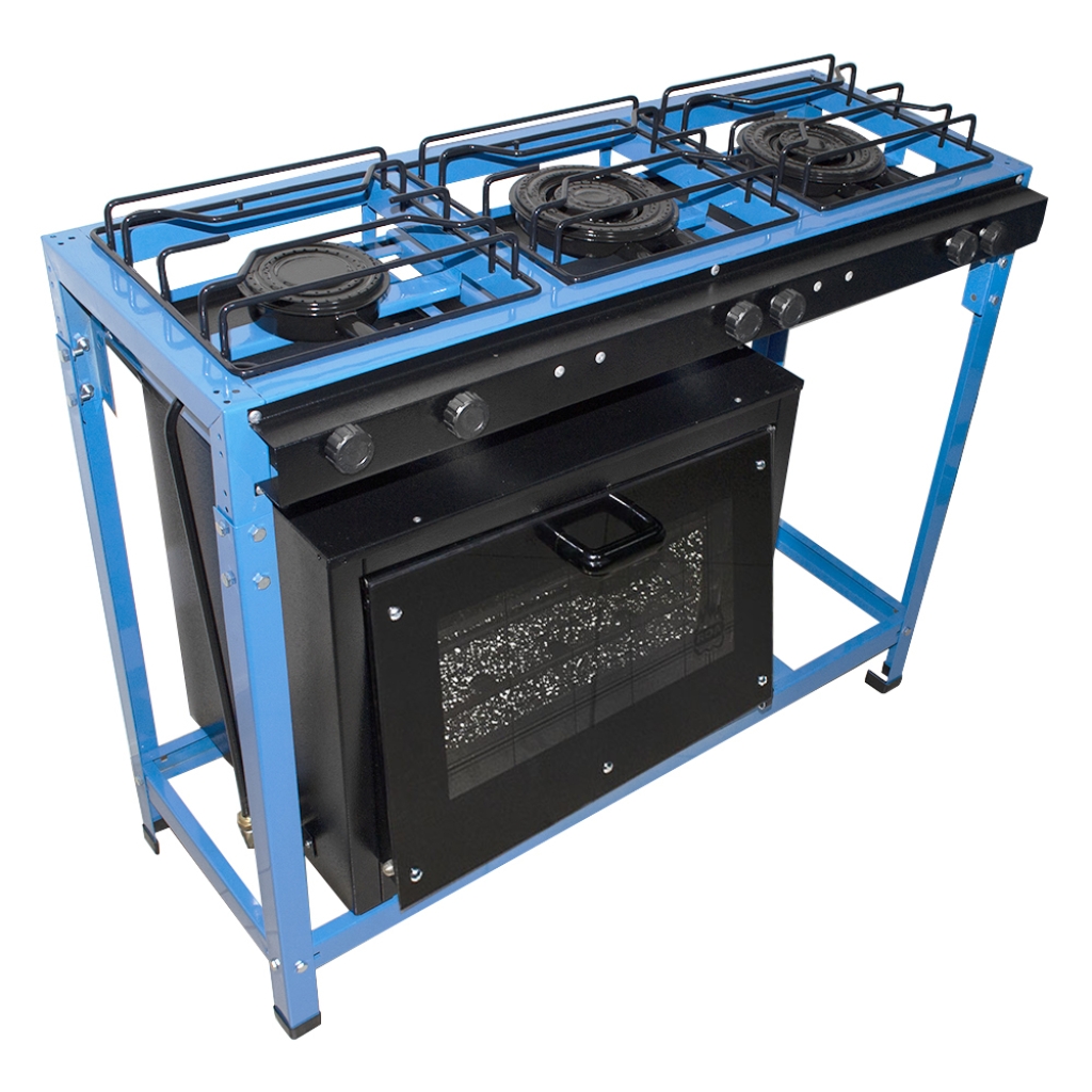 Fogão semi industrial baixa pressão azul 3 bocas com forno 48 litros regulador e mangueira